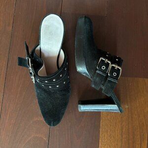 CELINE Heeled Black Suede Buckle Mules